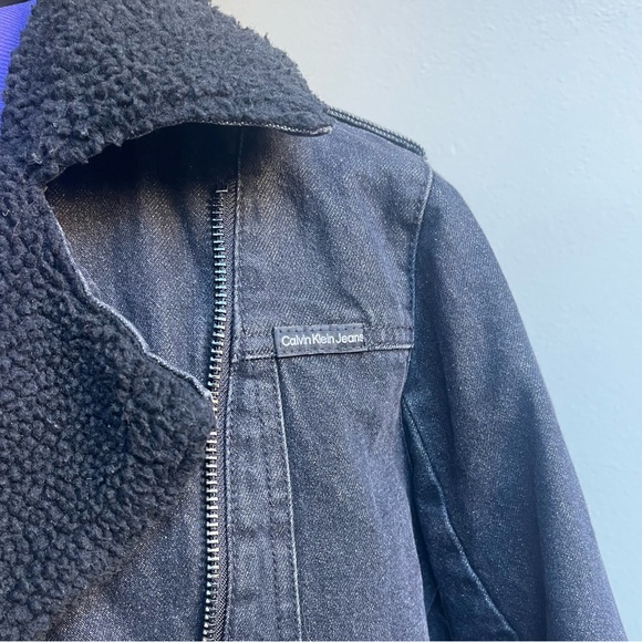 Calvin Klein Women’s Sherpa Moto Denim Jacket Black Size Large Casual Streetwear - Picture 2 of 12